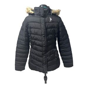 U.S. Polo Assn. Jacket Size M Black Puffer Faux Fur Hood Polyester Woman